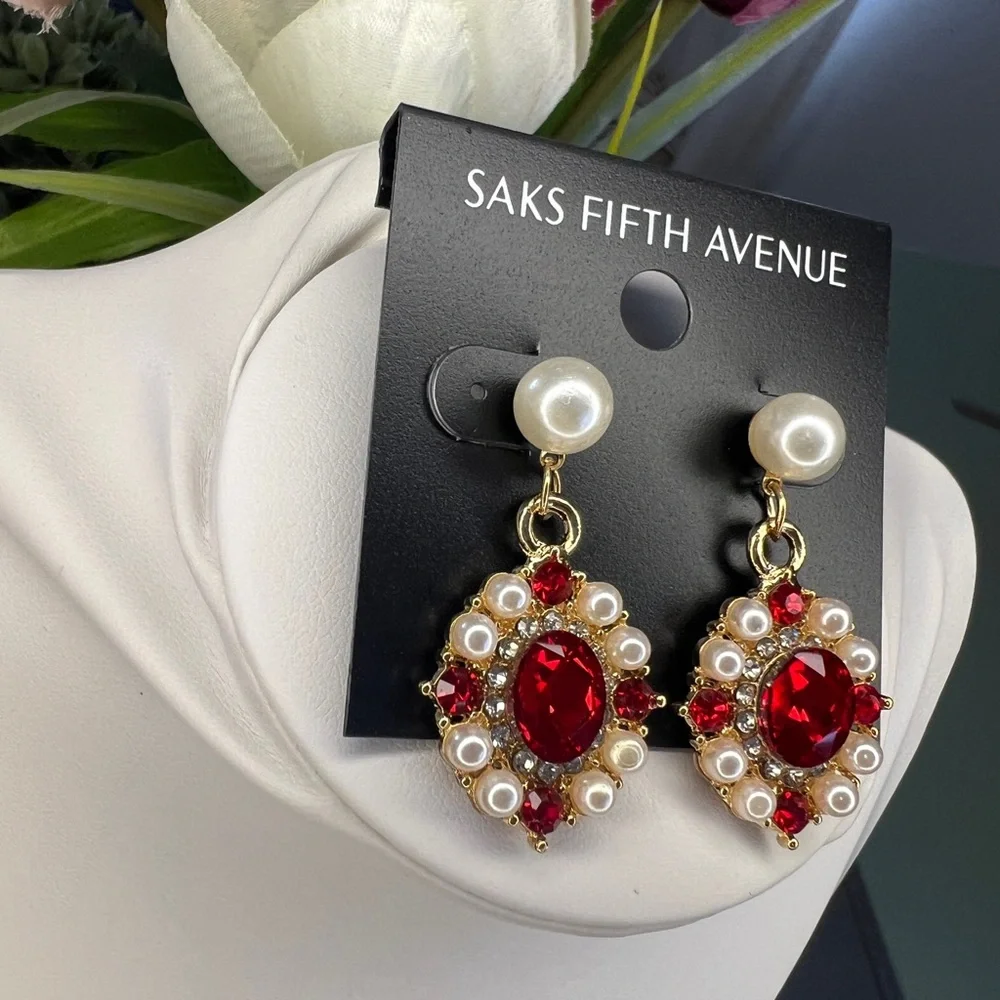 Saks Fifth Avenue Faux Pearl and Red Crystal Earrings - Picture 5 of 5
